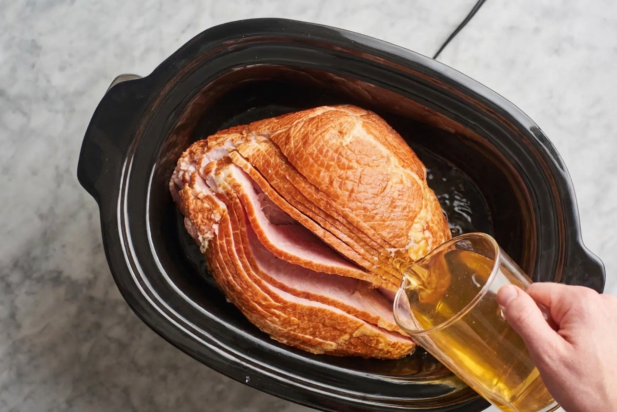 Apple juice being poured into the bottom of a slow cooker crock on a kitchen counter