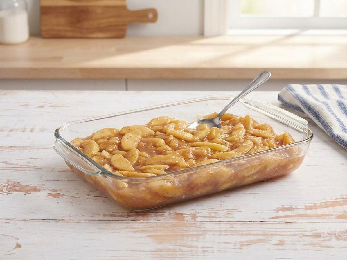 Apple pie filling spread evenly in a glass 9x13 baking dish on a light kitchen counter