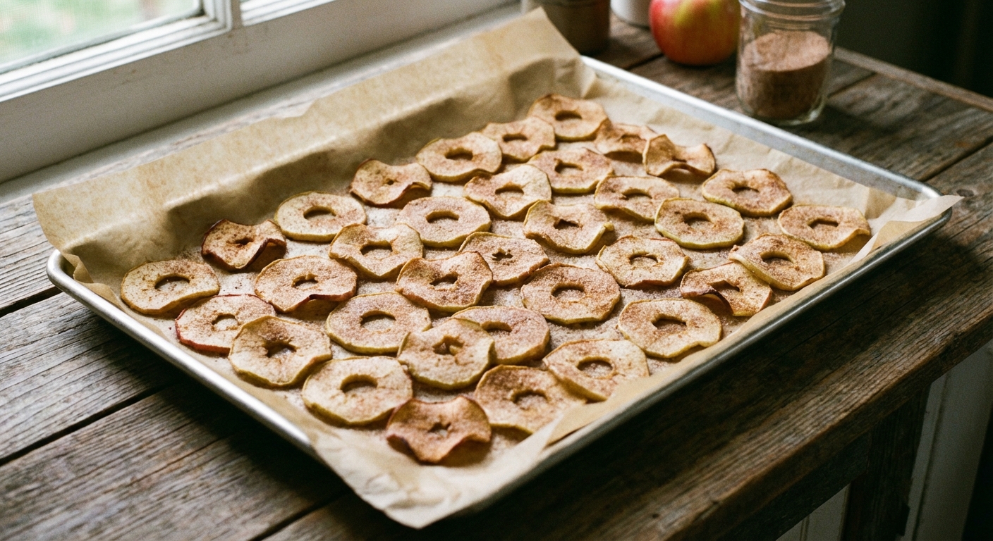 Apple rings arranged in a single layer on a parchment-lined baking sheet, lightly dusted with cinnamon sugar