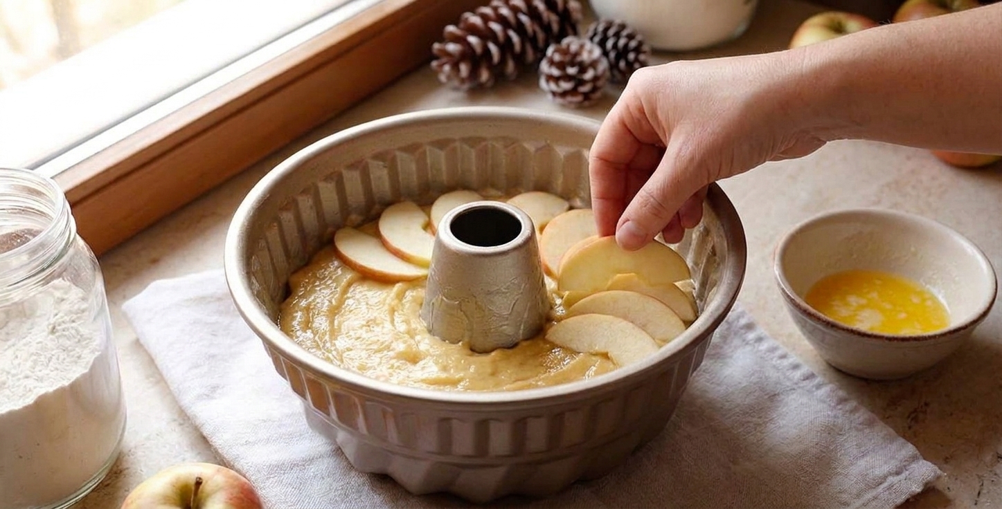 Apple slices being layered over thick cake batter inside a Bundt pan on a kitchen counter, mid-assembly