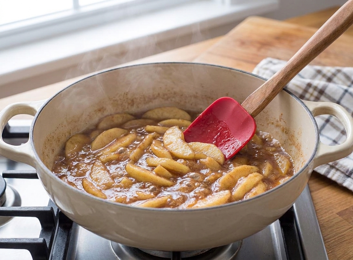 Apple slices simmering in a Dutch oven on a stovetop with a silicone spatula stirring, warm kitchen lighting