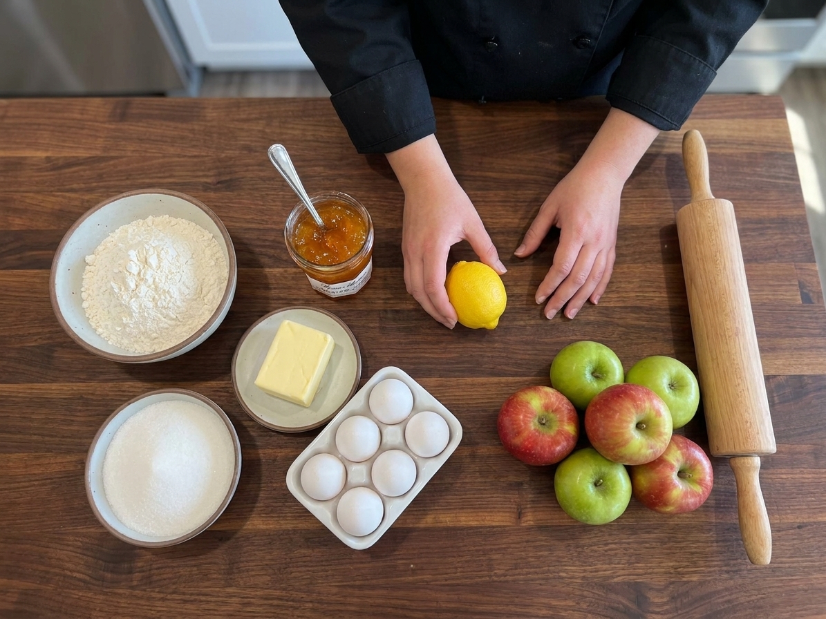 Apple tart ingredients arranged on a kitchen counter: apples, flour, butter, sugar, eggs, apricot jam, lemon, and a rolling pin