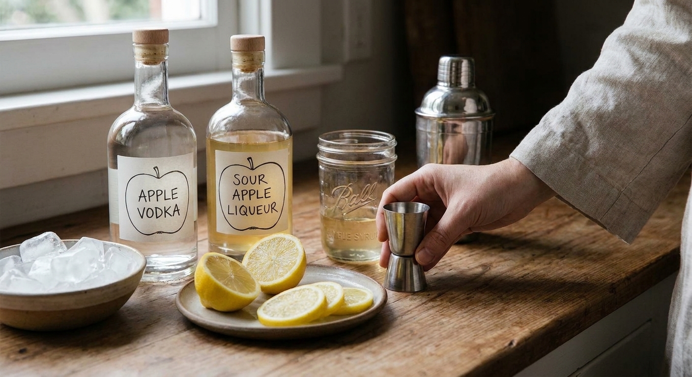 Apple vodka, apple liqueur, fresh lemon, simple syrup, and ice arranged on a tidy kitchen counter with a jigger and cocktail shaker