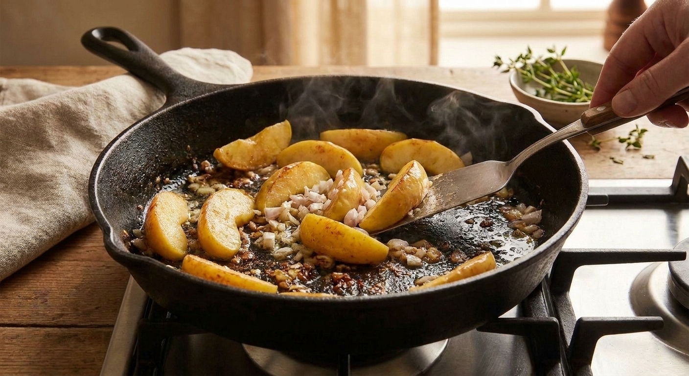 Apple wedges and chopped shallot sautéing in the same skillet with browned bits as the apples turn golden