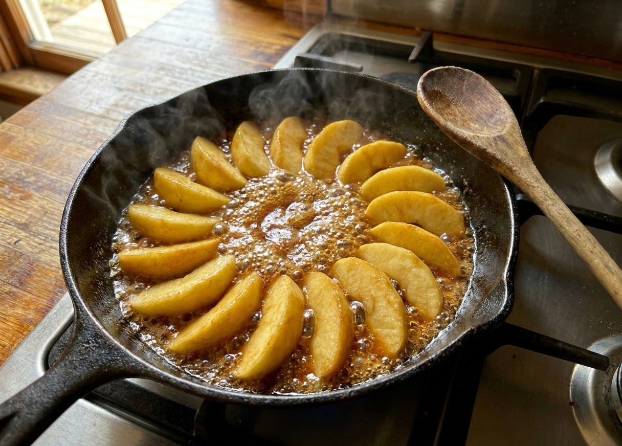Apple wedges arranged tightly in a bubbling caramel layer inside a cast iron skillet on a stovetop