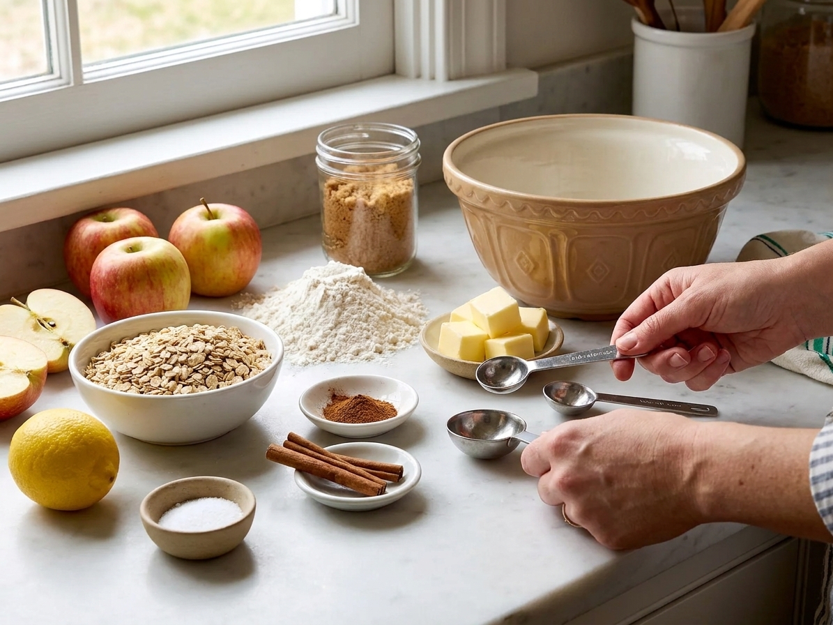 Apples, rolled oats, flour, brown sugar, butter, cinnamon, lemon, and salt arranged on a kitchen counter with measuring spoons and a mixing bowl