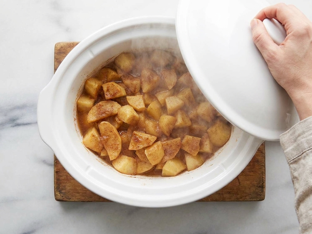 Apples softening and collapsing in a slow cooker with steam rising when the lid is lifted