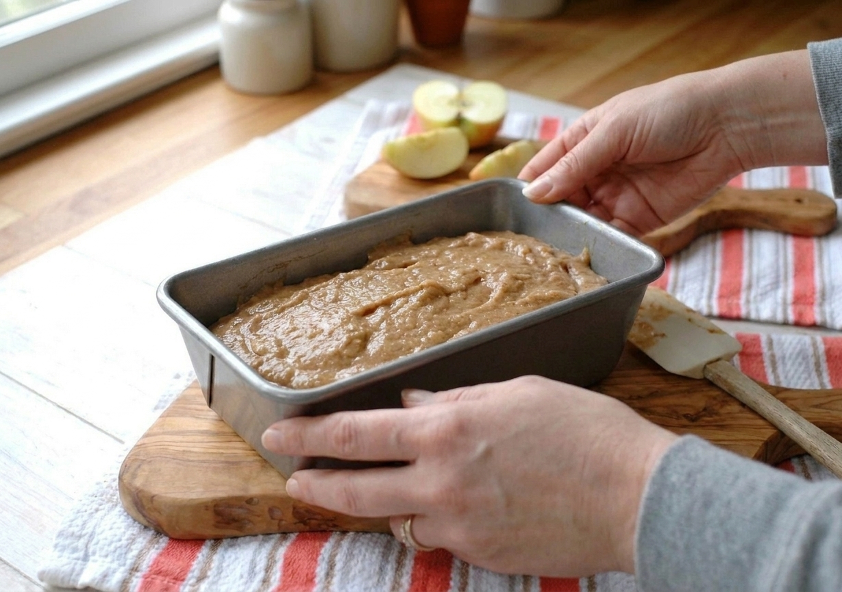 Applesauce bread batter spread into a loaf pan on a kitchen counter, ready to go into the oven