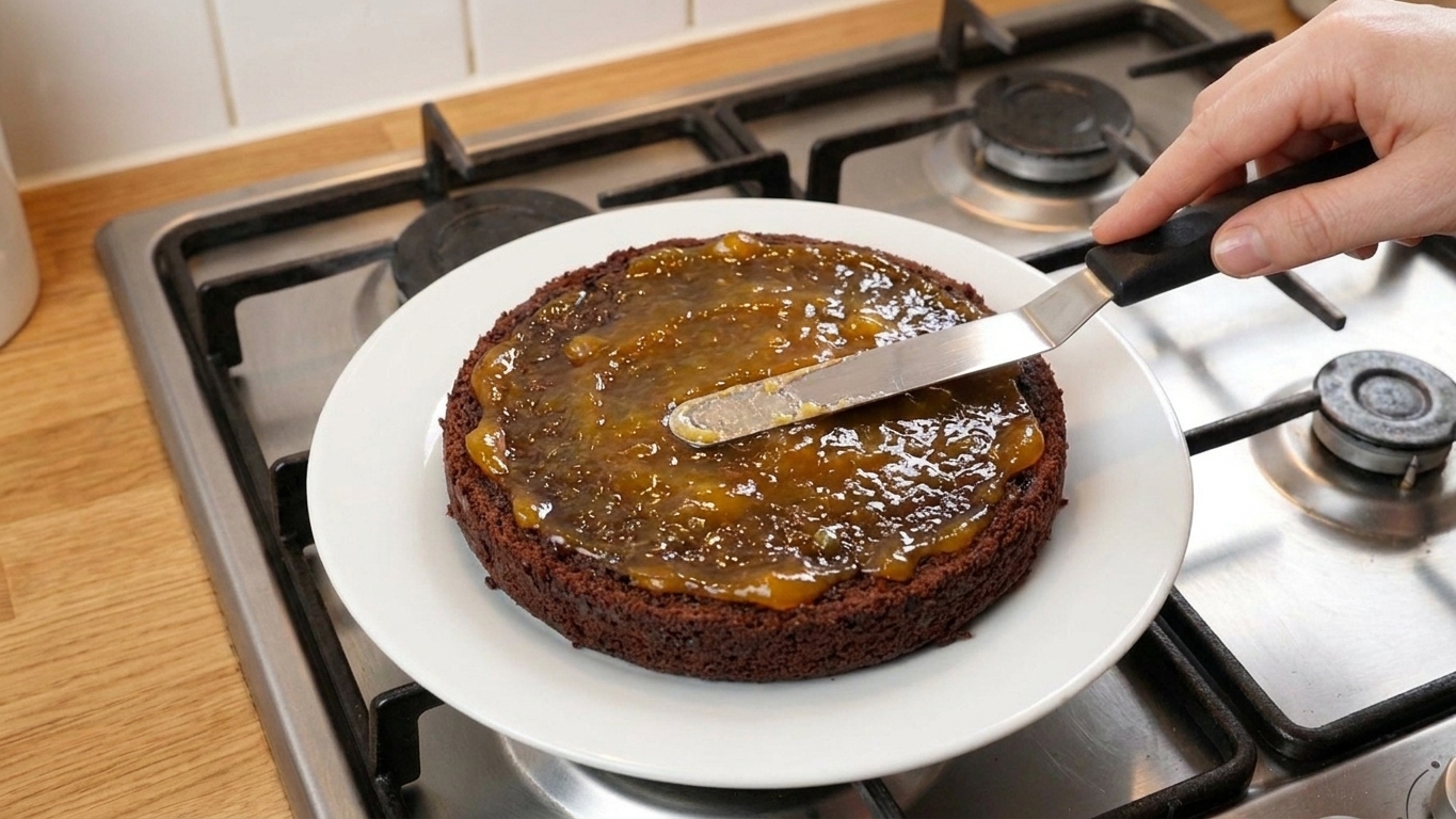 Apricot jam being spread in a thin even layer on a sliced chocolate cake round, with an offset spatula