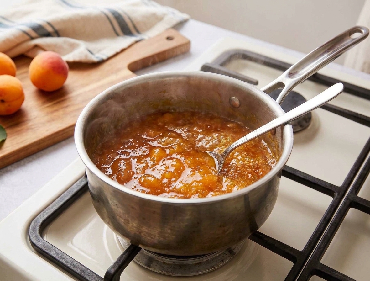 Apricot jam bubbling in a stainless steel saucepan on a home stove, with a spoon resting in the pot