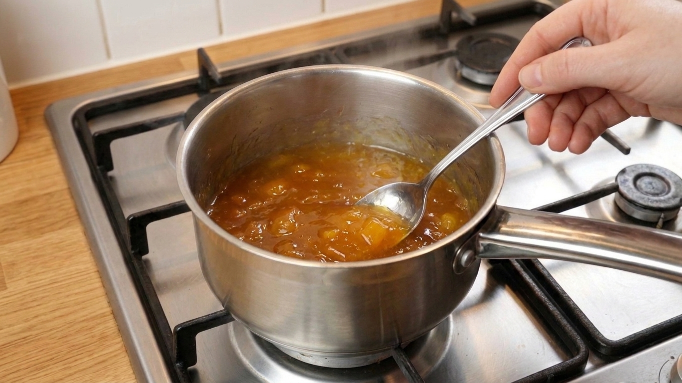 Apricot jam gently warming in a small saucepan on a stovetop, with a spoon resting nearby