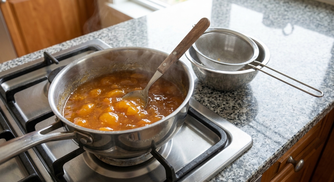 Apricot jam warming in a small saucepan with a spoon, ready to be strained for filling a cake