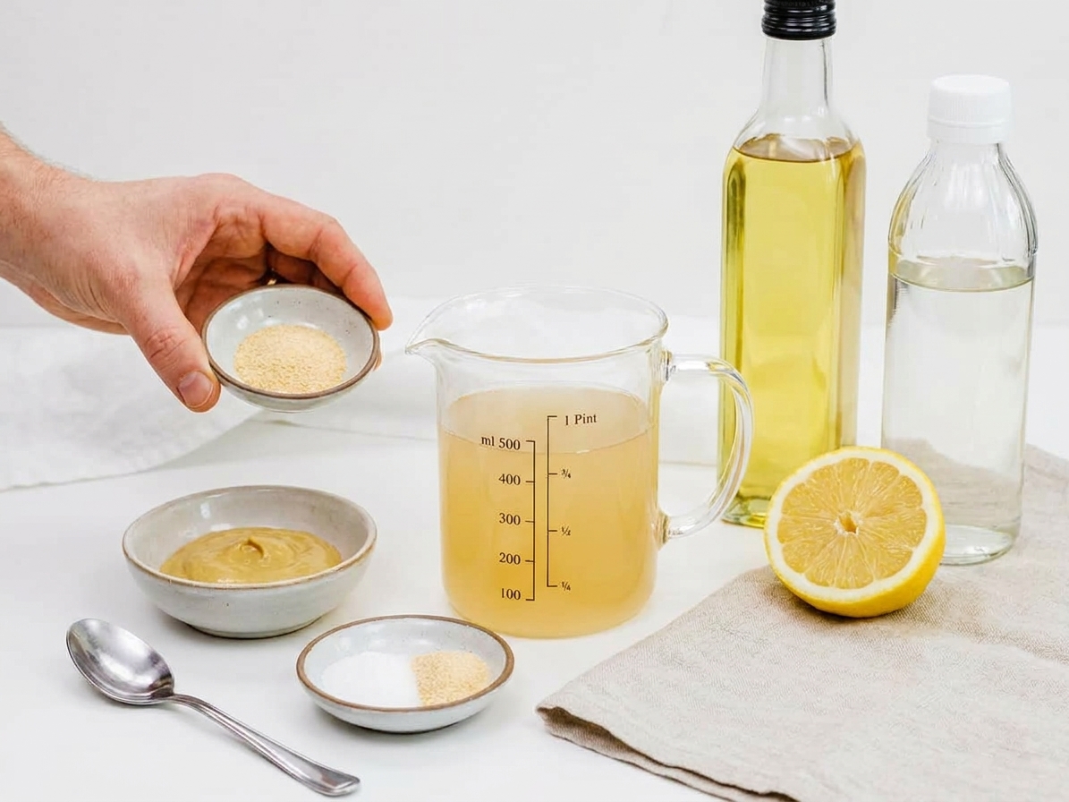 Aquafaba in a measuring cup, neutral oil, Dijon mustard, lemon, vinegar, salt, and garlic powder arranged on a clean kitchen counter