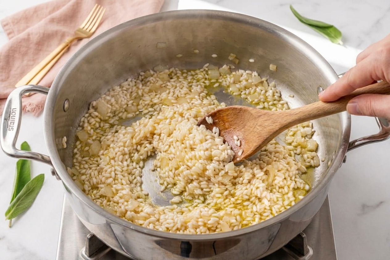Arborio rice being stirred in a wide pot with sautéed onions, showing the grains getting coated in butter and oil