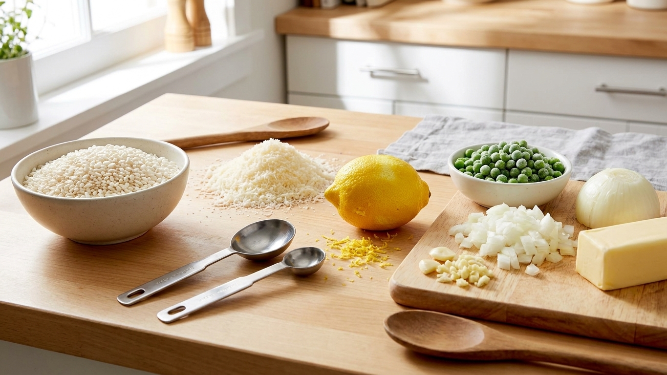 Arborio rice, grated Parmesan, lemon, frozen peas, onion, garlic, and butter arranged on a bright kitchen counter with measuring spoons