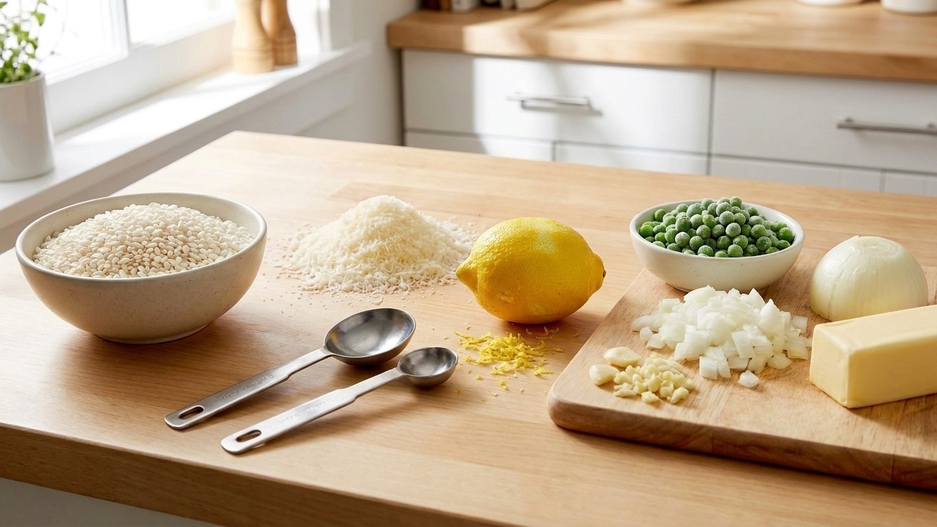 Arborio rice, grated Parmesan, lemon, frozen peas, onion, garlic, and butter arranged on a bright kitchen counter with measuring spoons