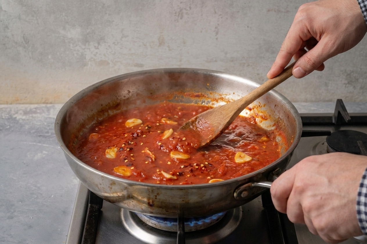 Arrabbiata sauce simmering in a stainless steel skillet with visible garlic slices and red pepper flakes, steam rising on a home stove
