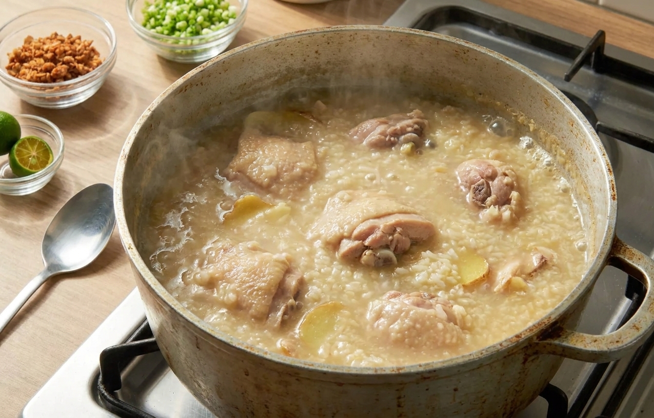 Arroz caldo simmering in a pot with chicken thighs visible as the rice starts to thicken the broth
