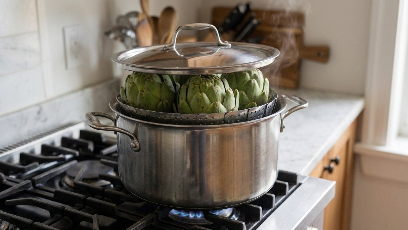 Artichokes standing upright in a steamer basket inside a covered pot on a stove