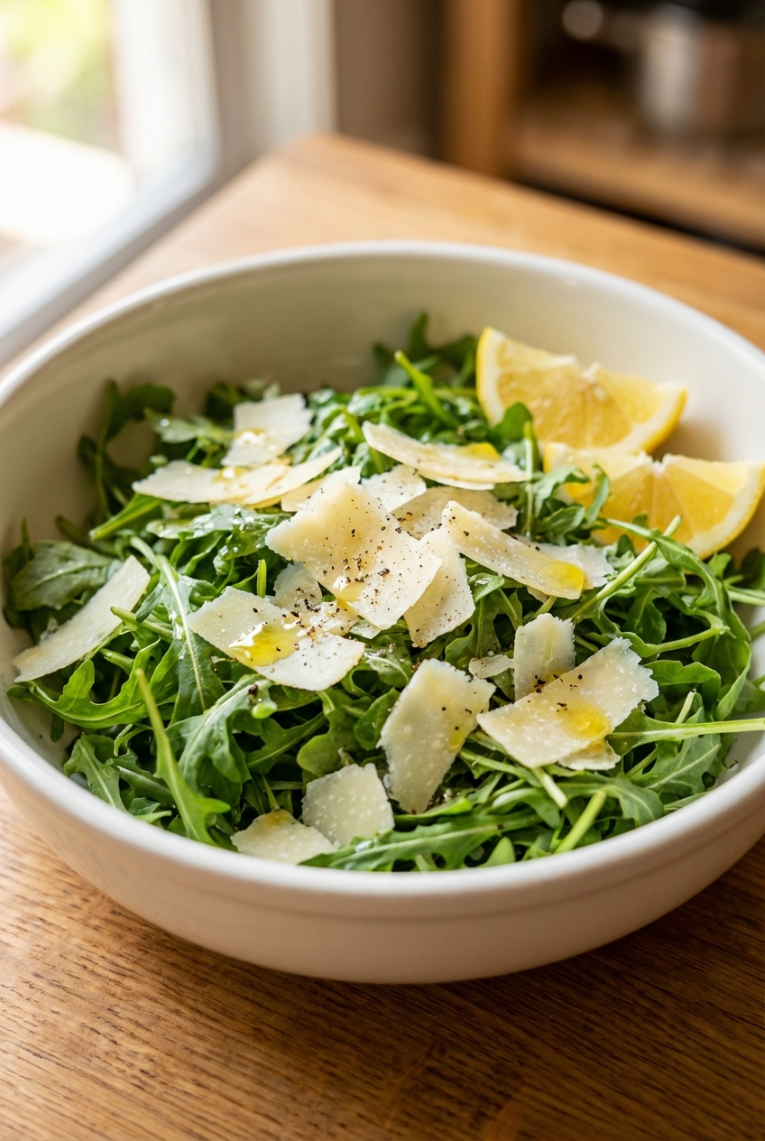Arugula salad in a white bowl with shaved Parmesan and lemon wedges