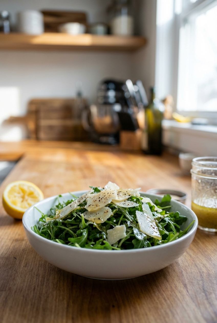Arugula salad with shaved parmesan and lemon vinaigrette in a white bowl
