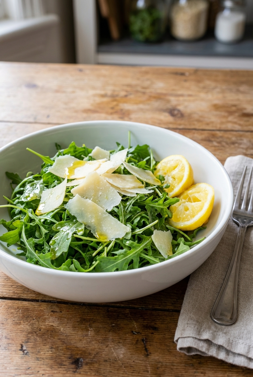 Arugula salad with shaved parmesan and lemon wedges in a white bowl on a table