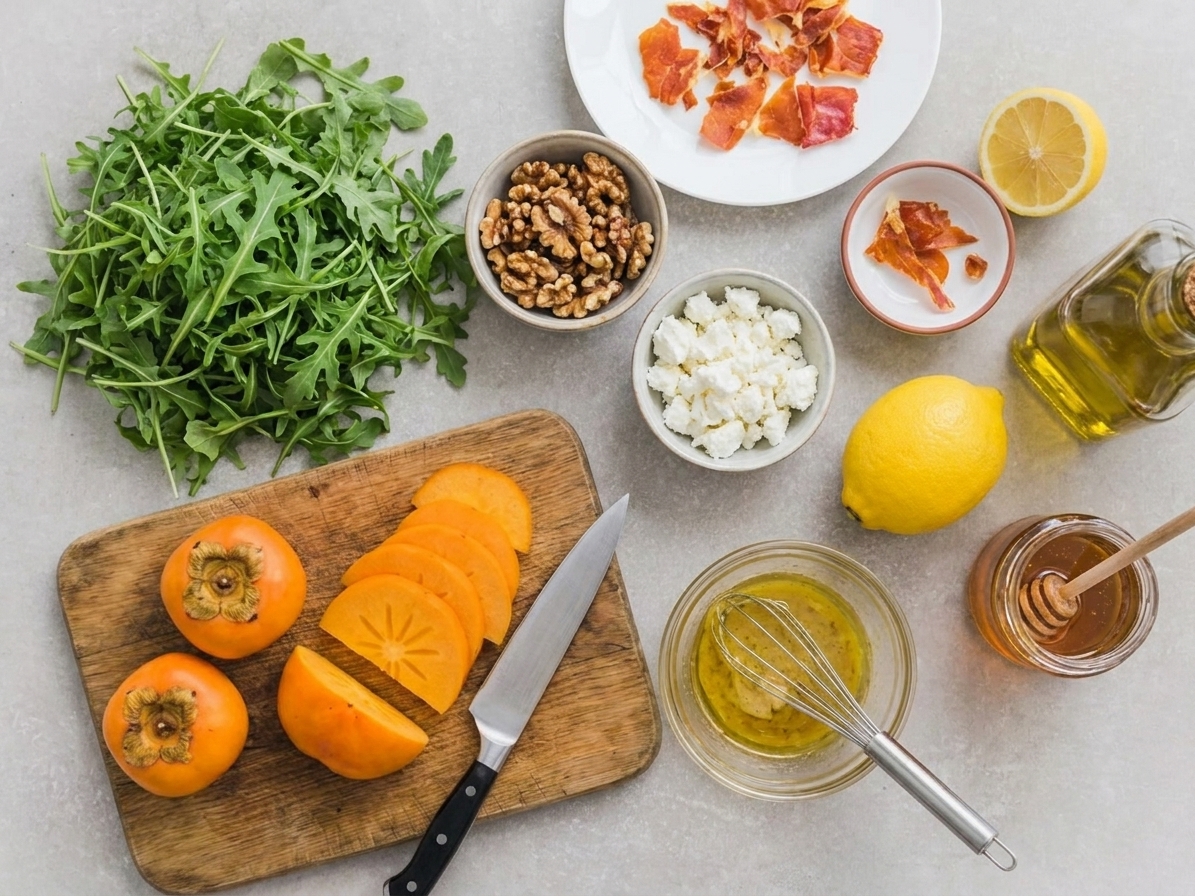 Arugula, sliced persimmons, goat cheese, walnuts, lemon, olive oil, Dijon mustard, and honey arranged on a kitchen counter with a small bowl and whisk