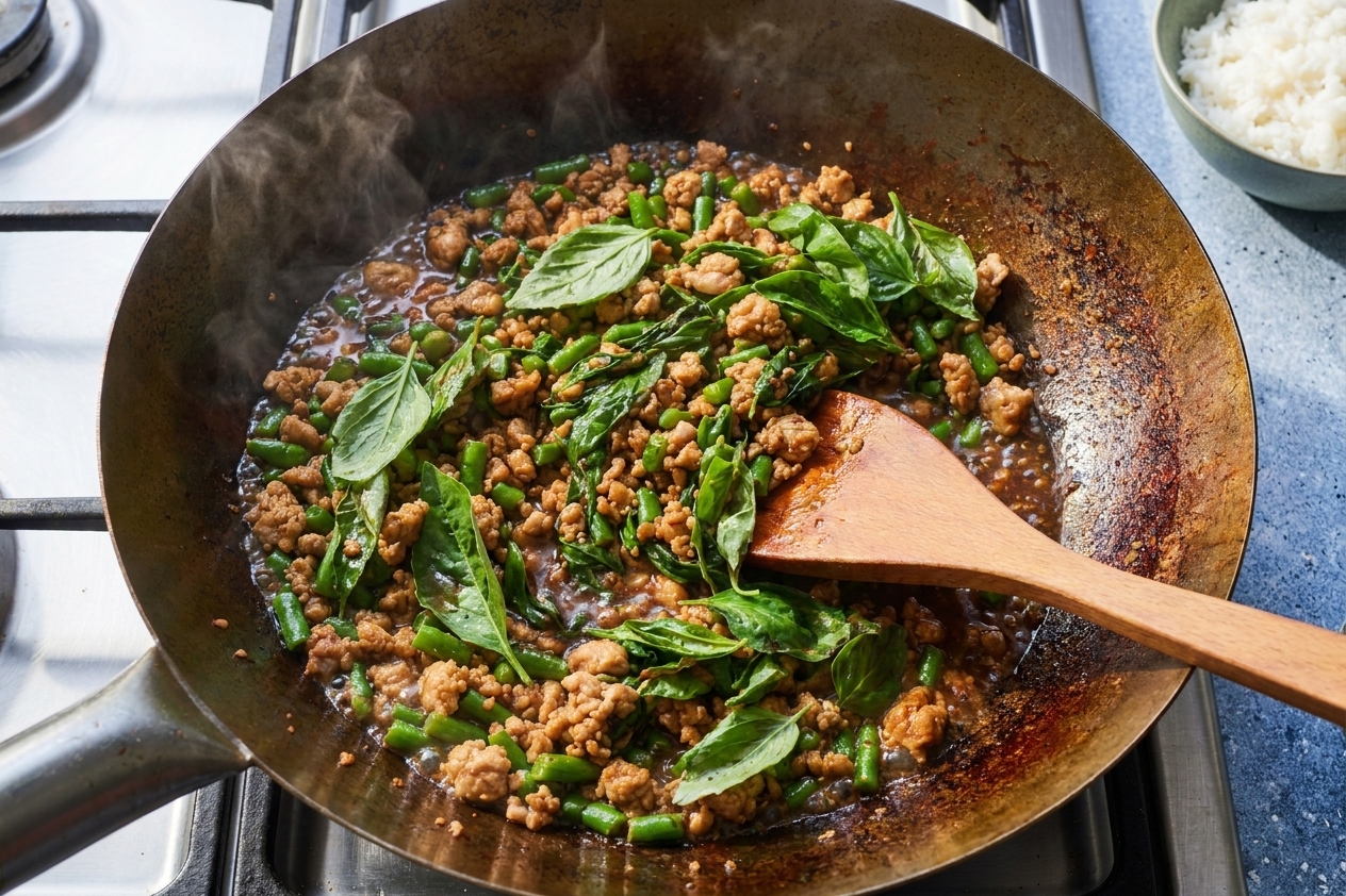 Asian basil chicken simmering in a skillet with sauce bubbling around browned chicken pieces on a stovetop