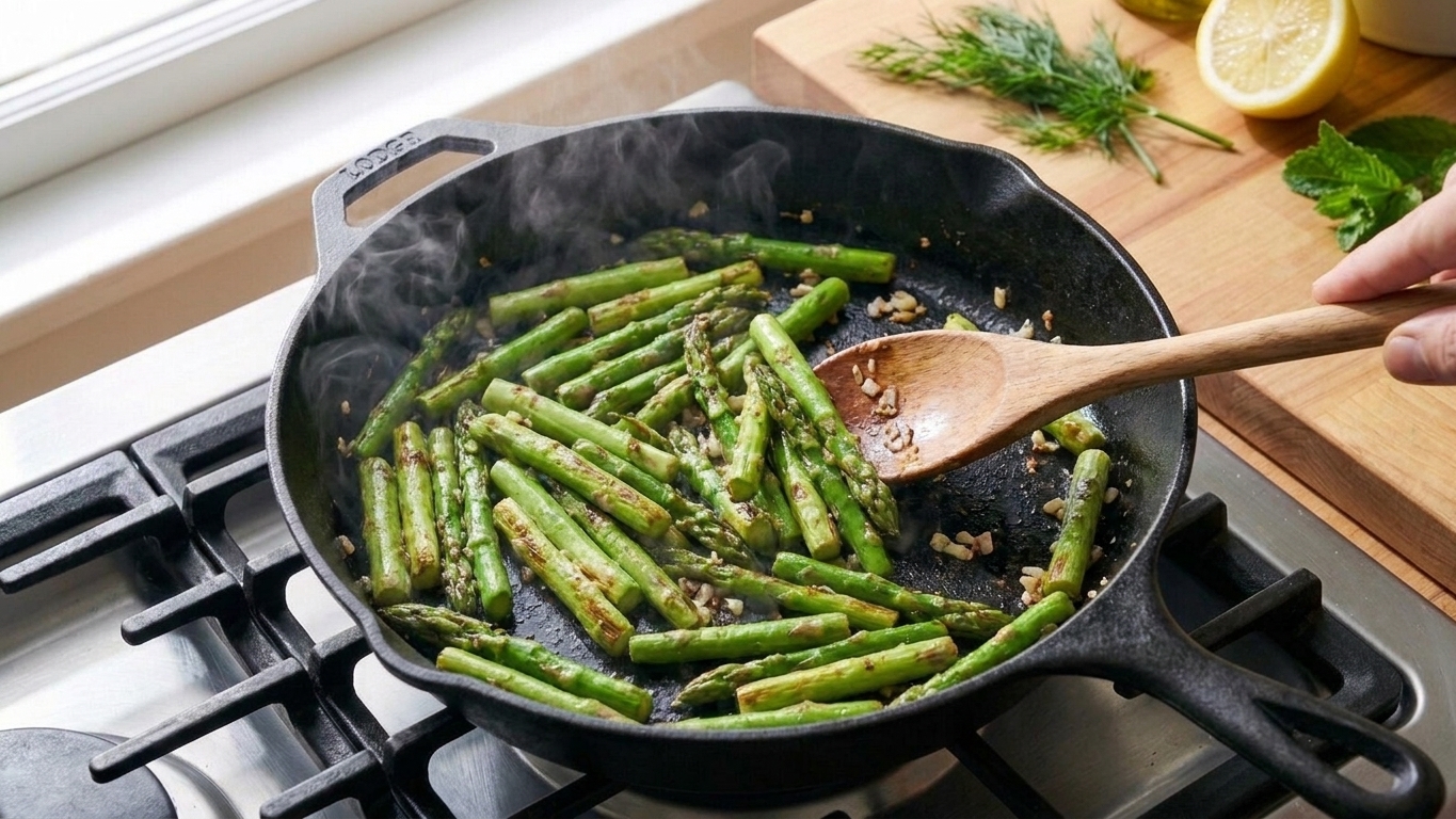 Asparagus pieces sauteing in a skillet, turning bright green with light browning