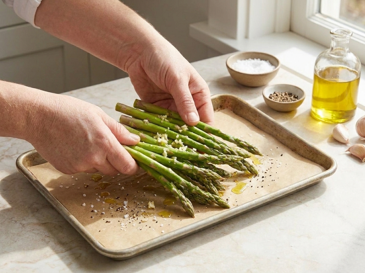 Asparagus spears being tossed with olive oil, salt, pepper, and garlic on a parchment-lined sheet pan on a kitchen counter