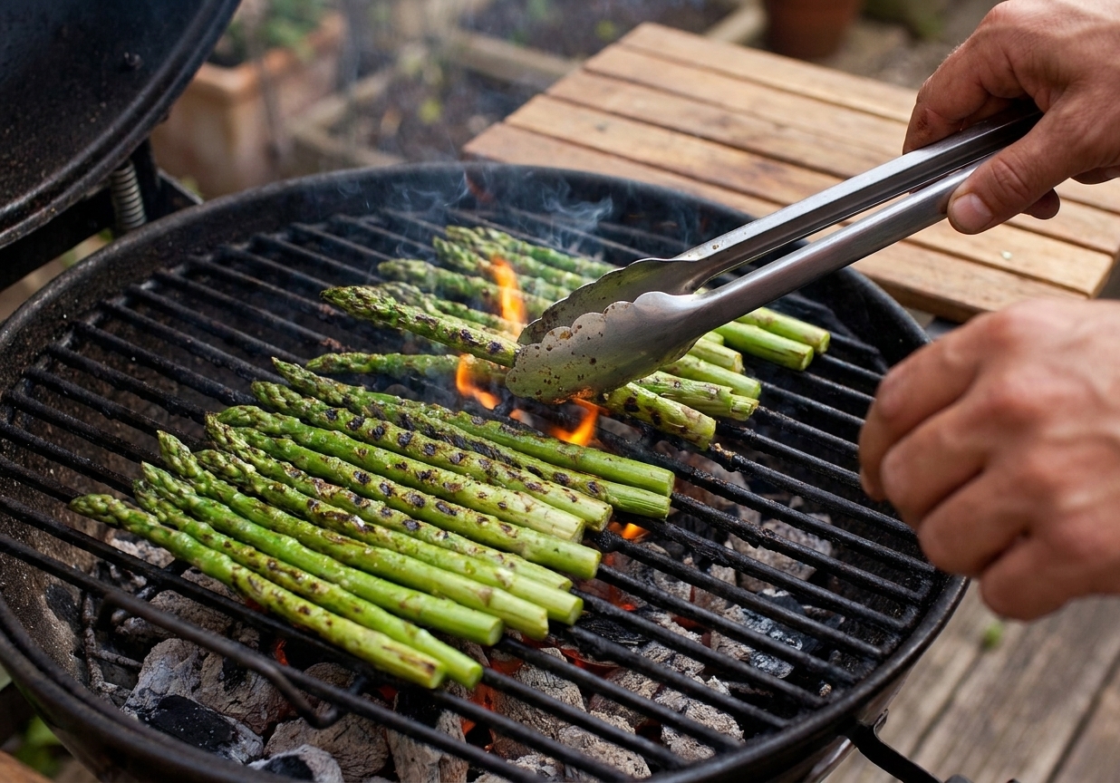 Asparagus spears cooking directly on a barbecue grill with visible char marks as tongs turn them