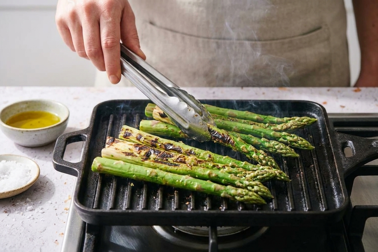 Asparagus spears cooking on a hot grill with visible char marks as a hand uses tongs to turn them