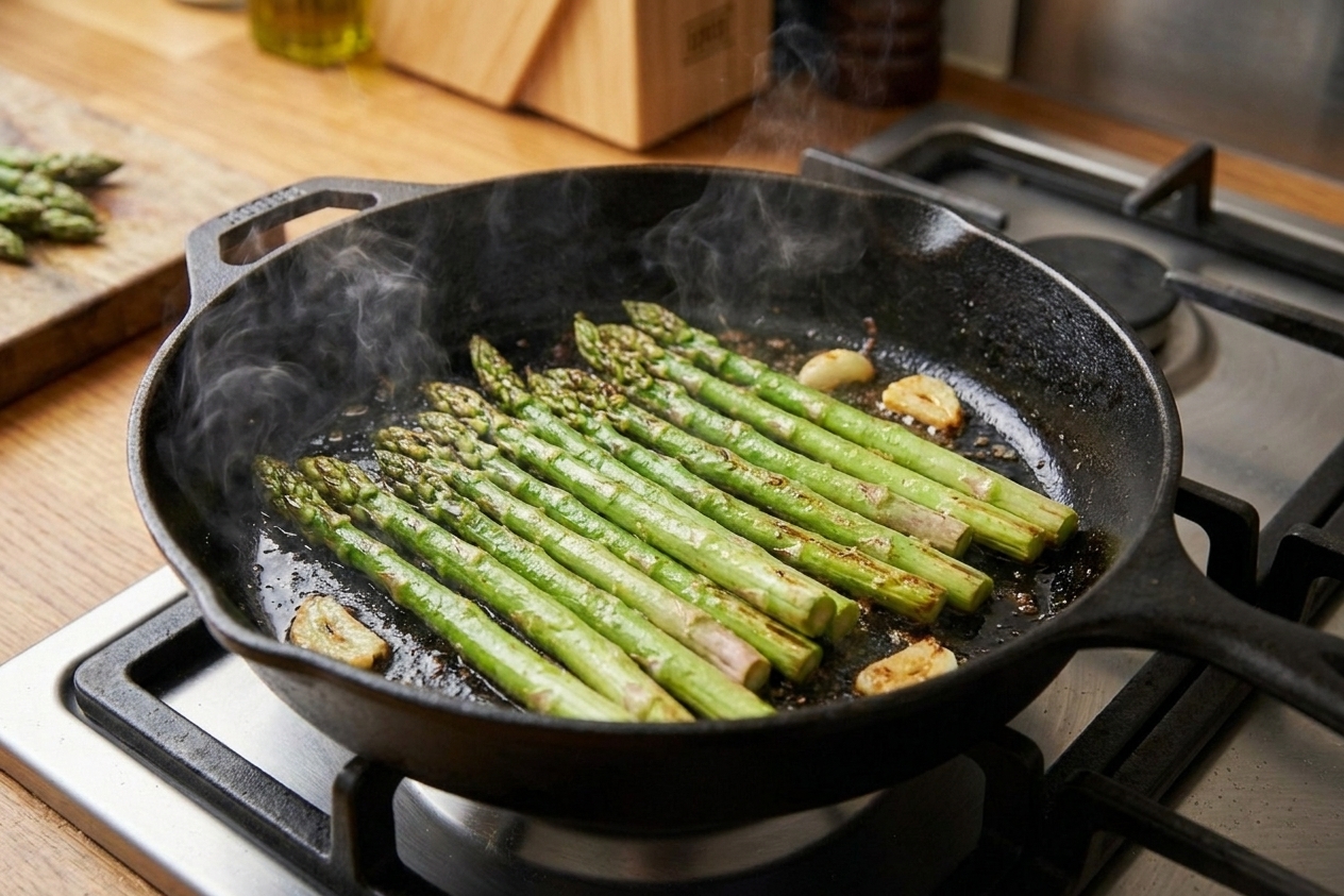 Asparagus spears sizzling in a hot cast iron skillet on a stovetop with light browning on the tips