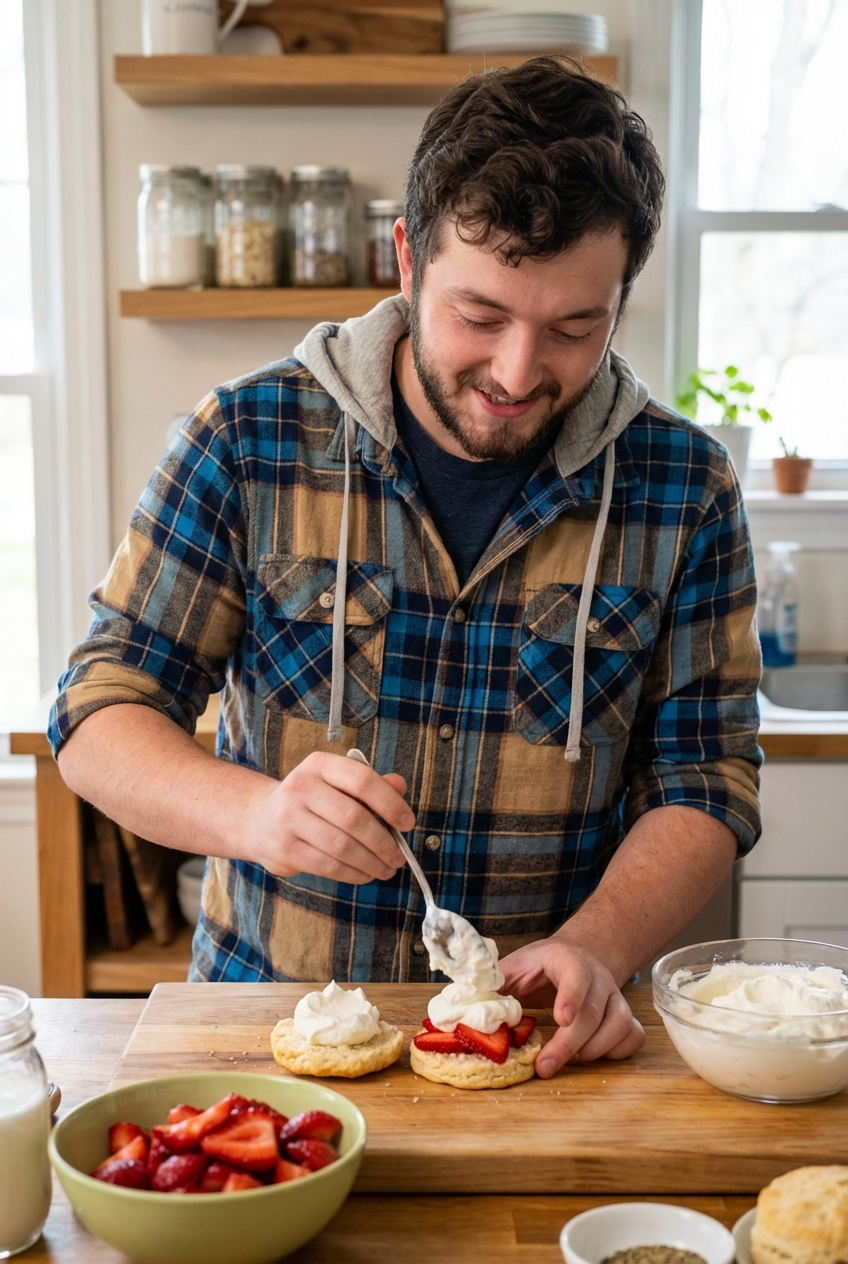Assembling strawberry shortcake with whipped cream being spooned onto a split biscuit