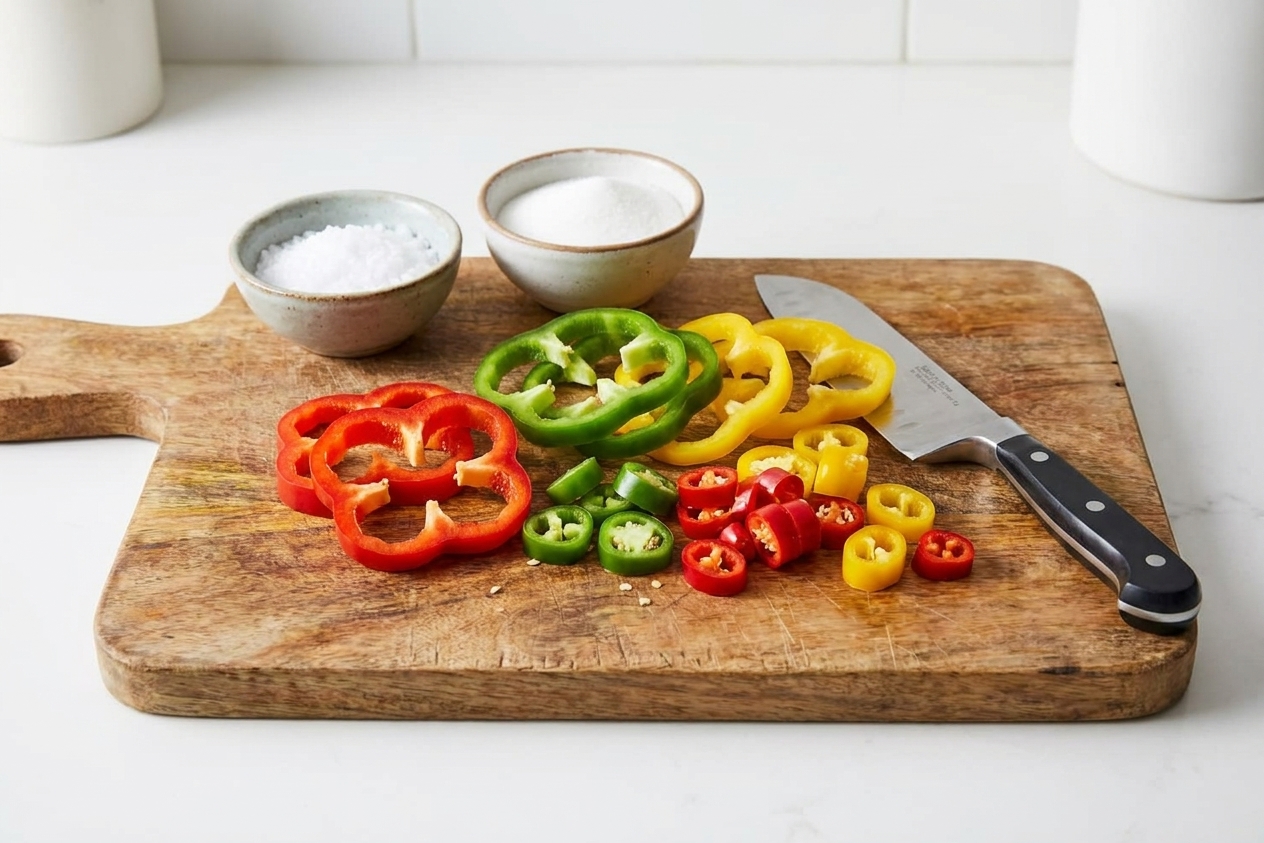 Assorted fresh peppers sliced into rings on a wooden cutting board beside a chef's knife and small bowls of salt and sugar
