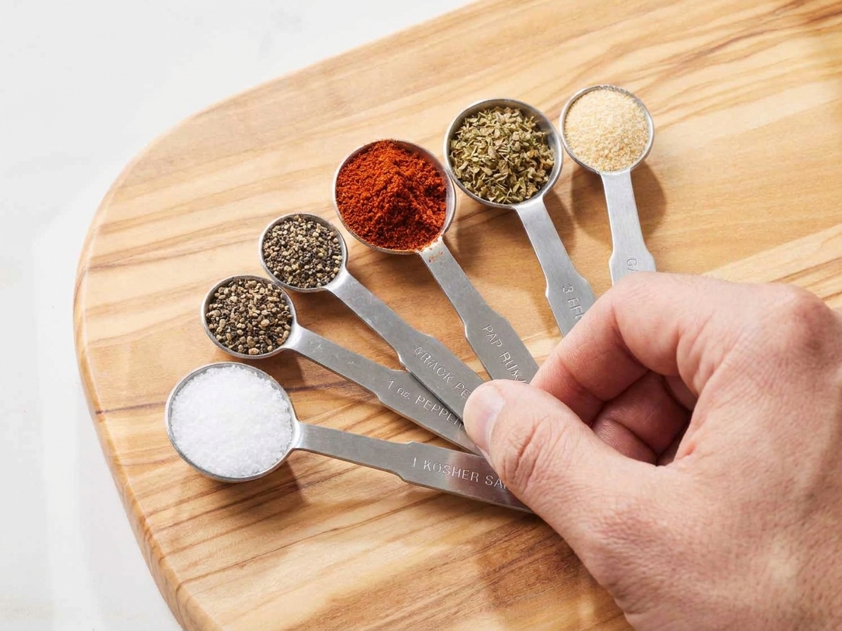 Assorted ground spices and kosher salt portioned into metal measuring spoons on a kitchen counter, ready to be mixed