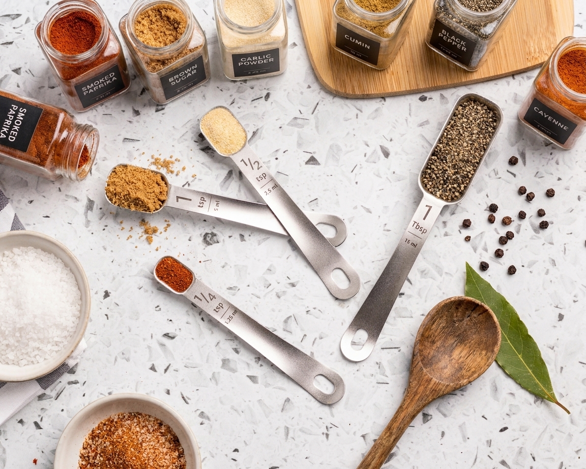 Assorted spice jars and measuring spoons arranged on a clean kitchen counter, ready for mixing a brisket rub