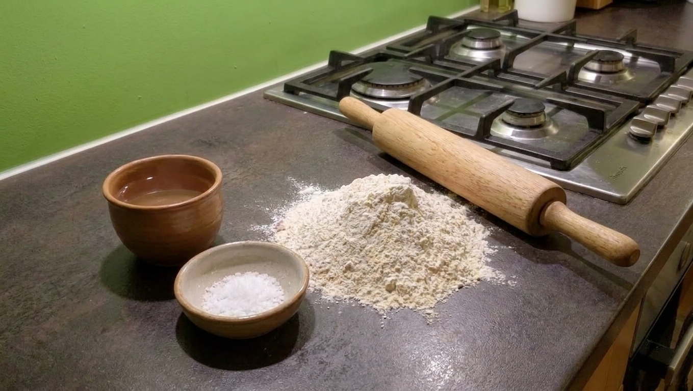 Atta flour, salt, and a cup of warm water arranged on a kitchen counter ready for mixing