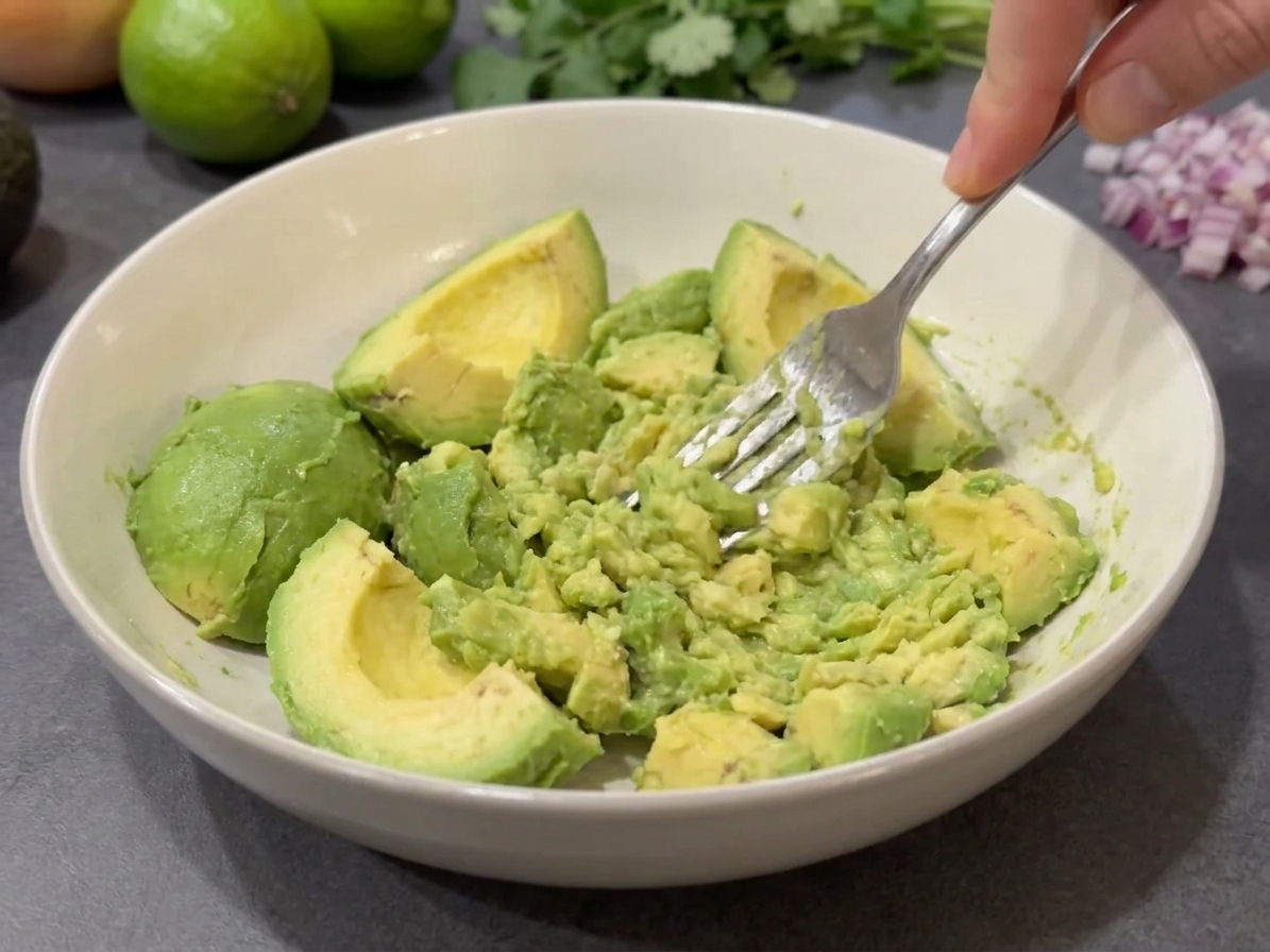 Avocado being mashed with a fork in a ceramic mixing bowl on a kitchen counter, showing a chunky texture in progress