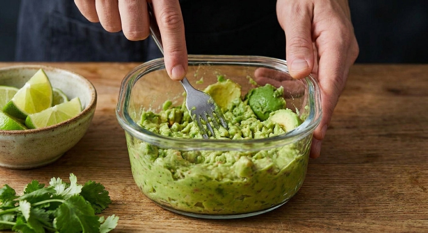 Avocado being mashed with a fork in a mixing bowl