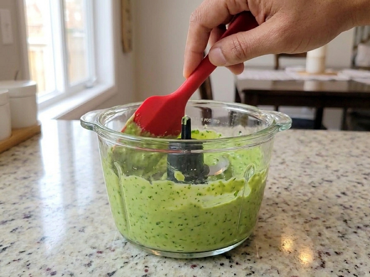 Avocado crema being blended in a small food processor with a silicone spatula scraping down the sides