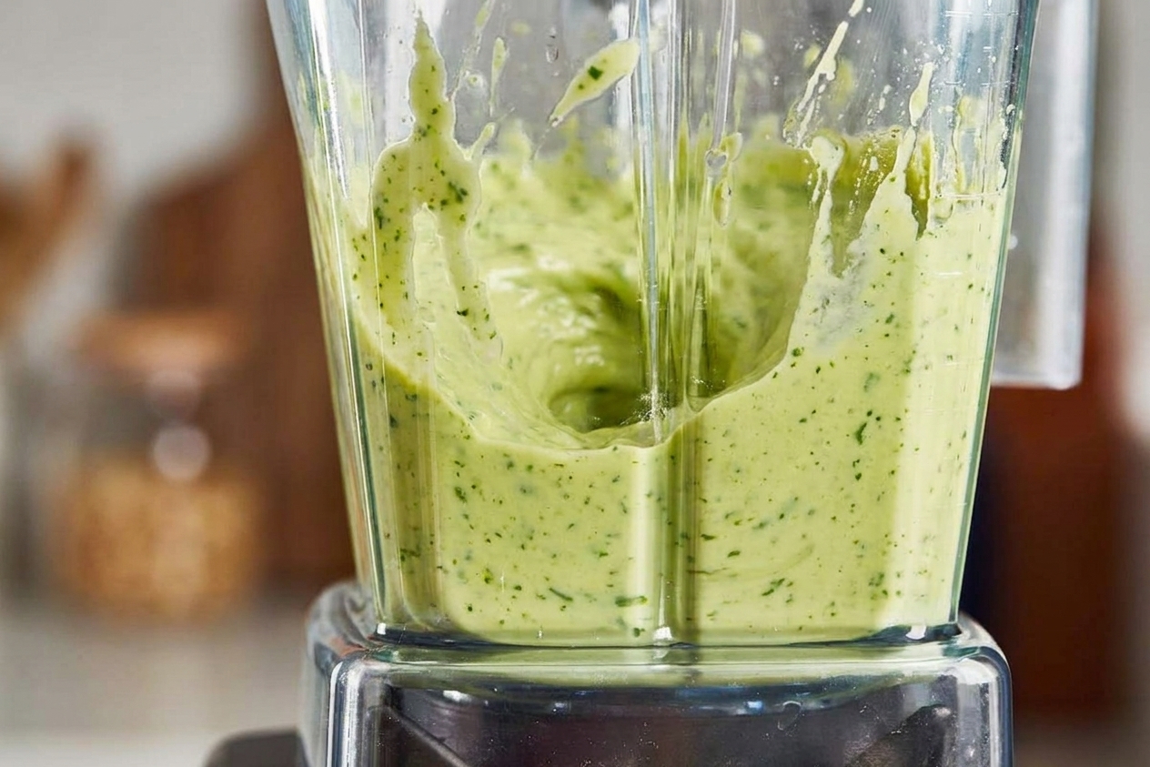 Avocado dressing being blended into a smooth, pale green sauce inside a blender cup