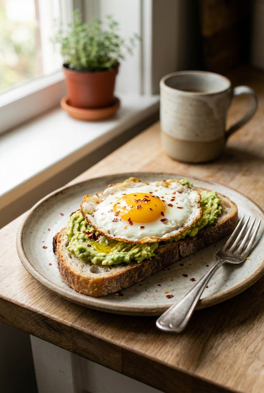 Avocado toast topped with a jammy fried egg and red pepper flakes on a ceramic plate with a fork nearby