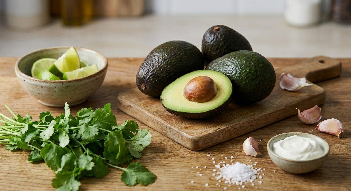 Avocados, a cut lime, cilantro, garlic, sour cream, and salt arranged on a kitchen counter