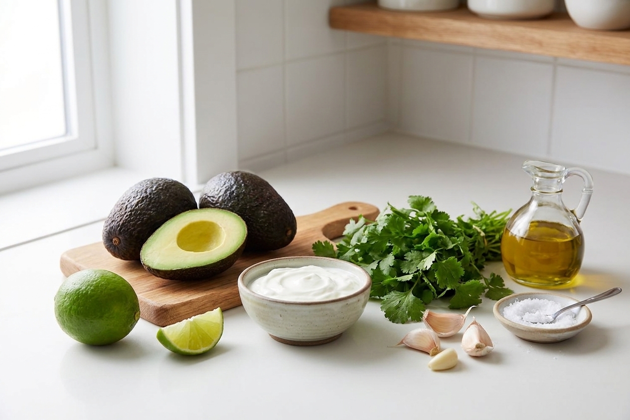 Avocados, a lime, Greek yogurt, cilantro, garlic, olive oil, and salt arranged on a clean kitchen counter with soft natural light