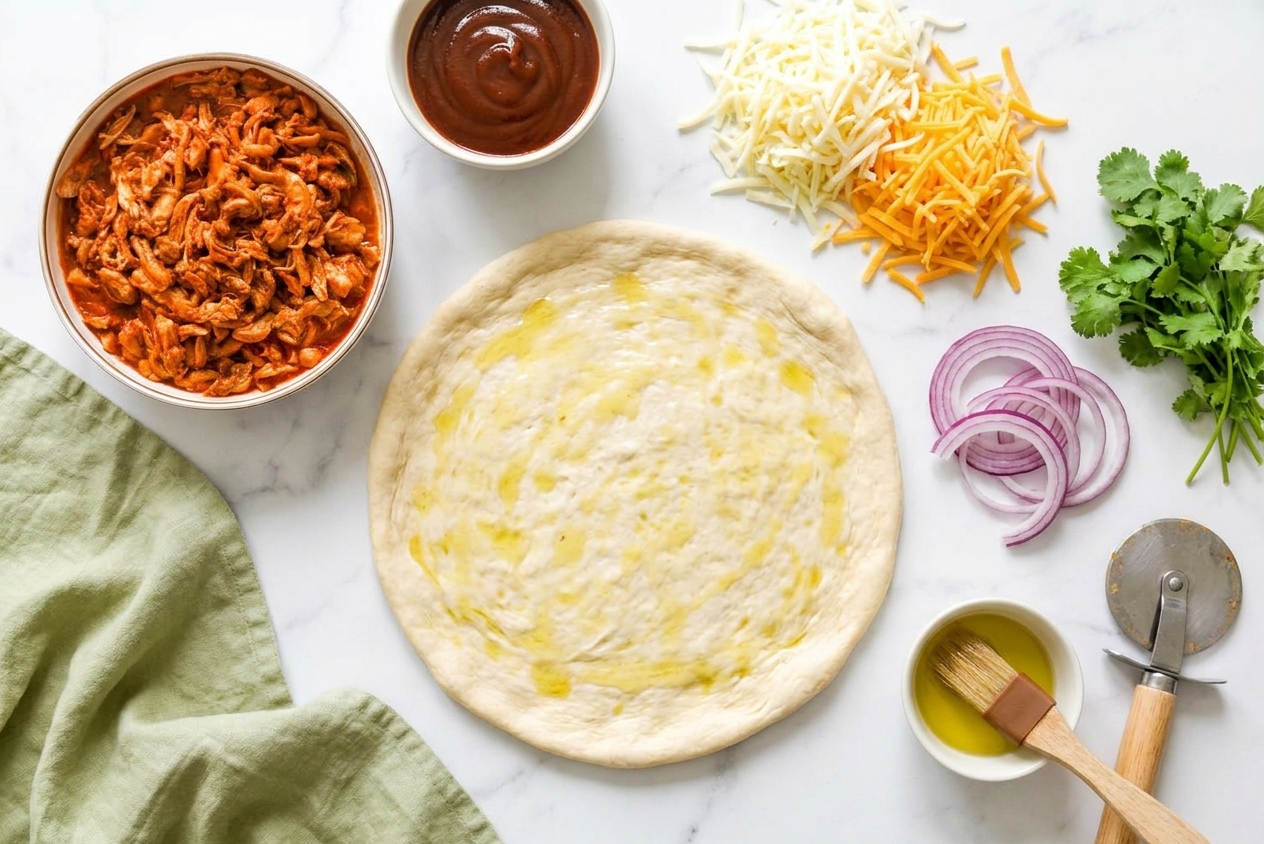 BBQ chicken pizza ingredients arranged on a kitchen counter including pizza dough, BBQ sauce, cooked chicken, mozzarella, red onion, cilantro, and olive oil