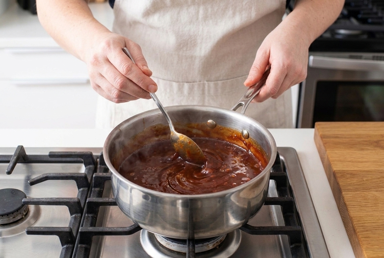 BBQ glaze simmering in a small saucepan on a stovetop while being stirred