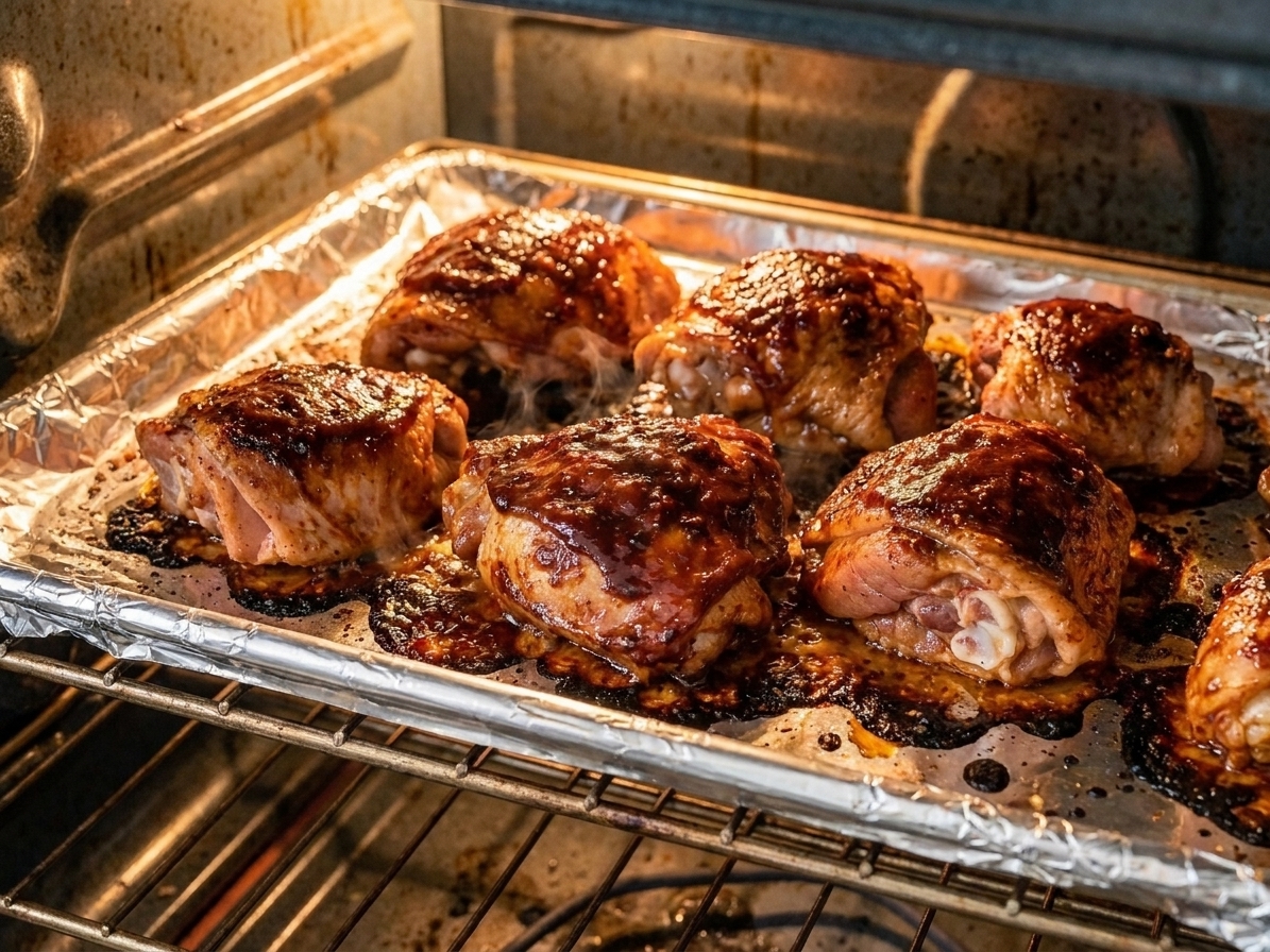 BBQ-glazed chicken thighs roasting on a foil-lined sheet pan in a home oven with bubbling sauce