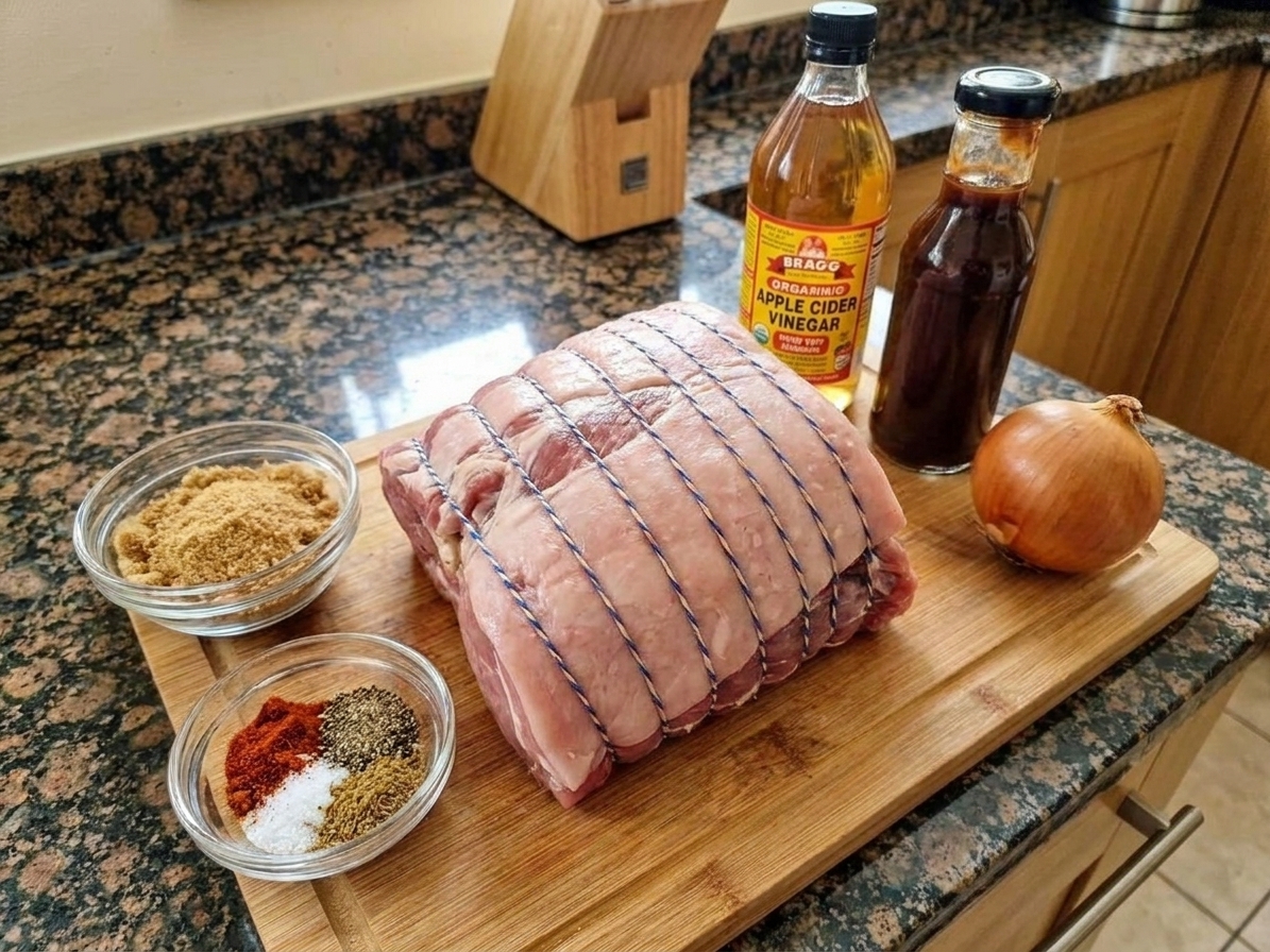 BBQ sauce, apple cider vinegar, brown sugar, spices, an onion, and a pork shoulder arranged together on a kitchen counter
