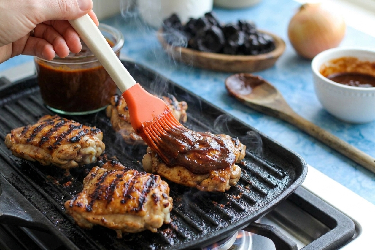 BBQ sauce being brushed onto grilled chicken thighs on a hot grill